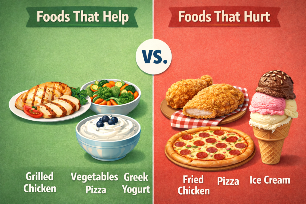 Image of foods that help vs foods that hurt on GLP-1 medication