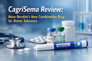 Hero image for CagriSema review showing a CagriSema injection pen, two labeled medication vials, white tablets, and a stethoscope on a clinical blue background, representing Novo Nordisk’s combination weight-loss drug.