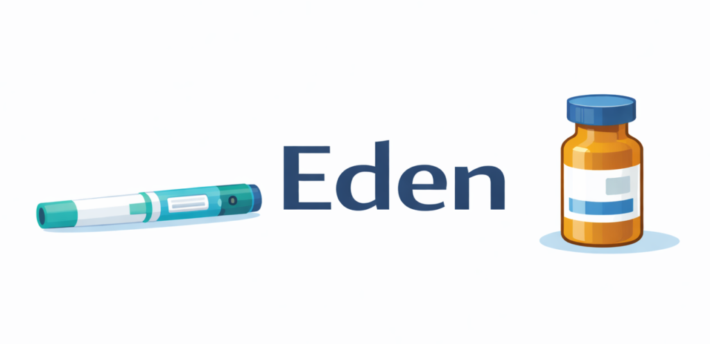 Eden GLP-1 program review — injectable pen and medication vial with Eden logo, representing compounded semaglutide and tirzepatide telehealth weight loss program