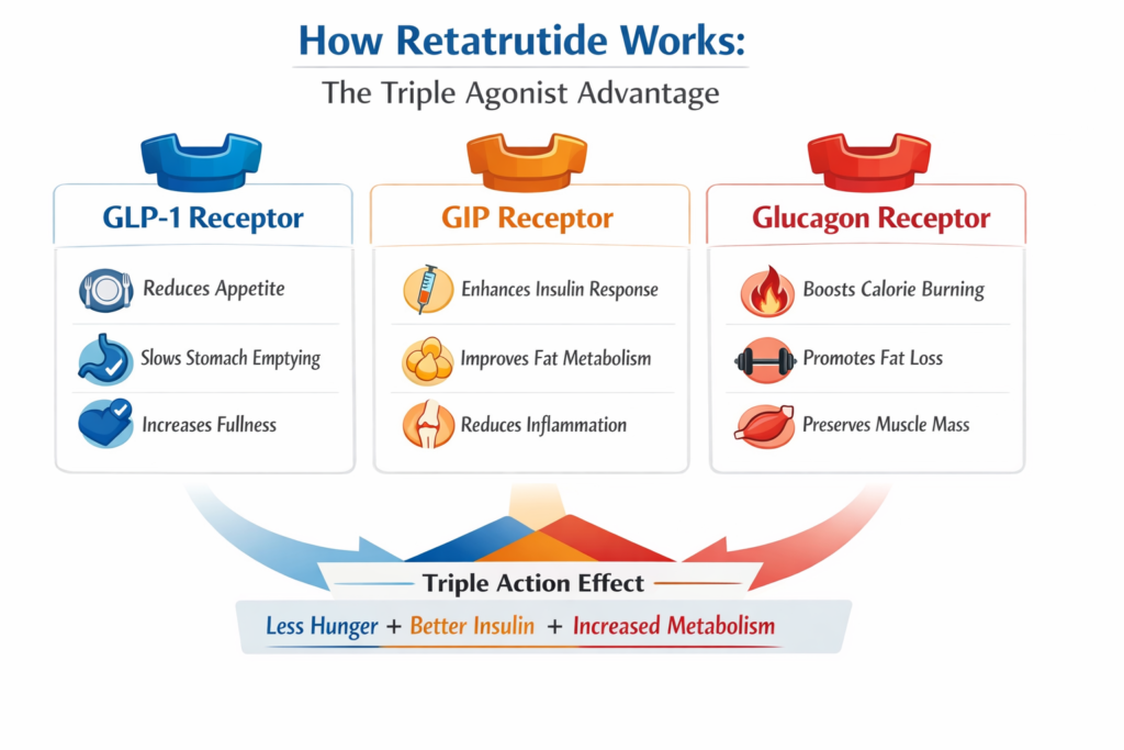 how retatrutide works inforgraphic showing GLP-1, GIP and glucagon receptor information