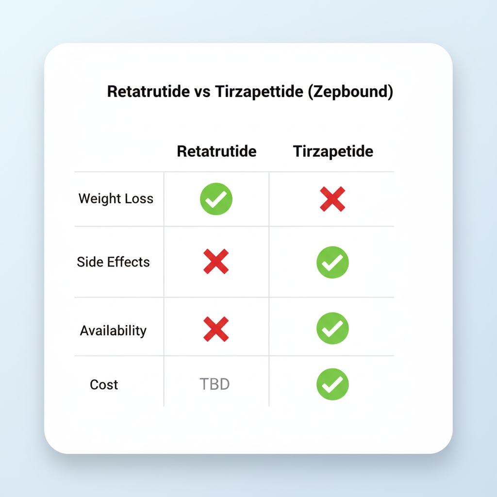 Retatrutide vs Tirzepatide (Zepbound) comparison infographic showing a clean two-column card on a light blue background, with rows for Weight Loss, Side Effects, Availability, and Cost; Retatrutide has green checkmark icons for Weight Loss and red X icons for Side Effects and Availability with gray “TBD” for Cost, while Tirzepatide displays red X for Weight Loss and green checkmarks for Side Effects, Availability, and Cost, illustrating which drug has the advantage in each category.