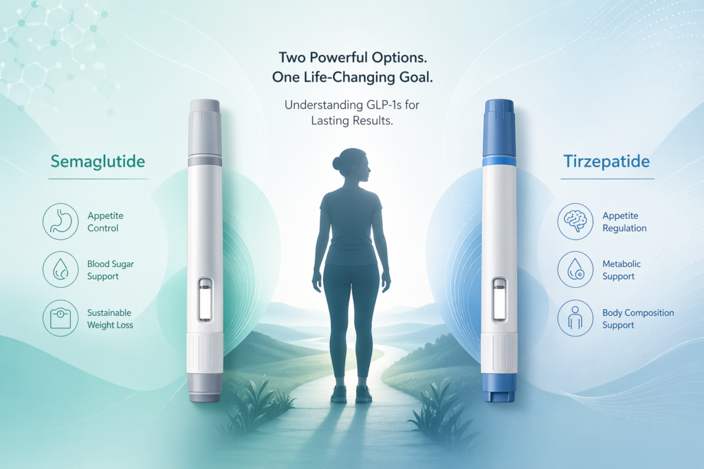Which Is Better: Semaglutide or Tirzepatide for Weight Loss? Comparison illustration of two GLP-1 medications, semaglutide and tirzepatide, shown as unbranded injection pens on either side of a central human silhouette, with icons highlighting benefits like appetite control, blood sugar support, and metabolic health on a teal and blue gradient background.