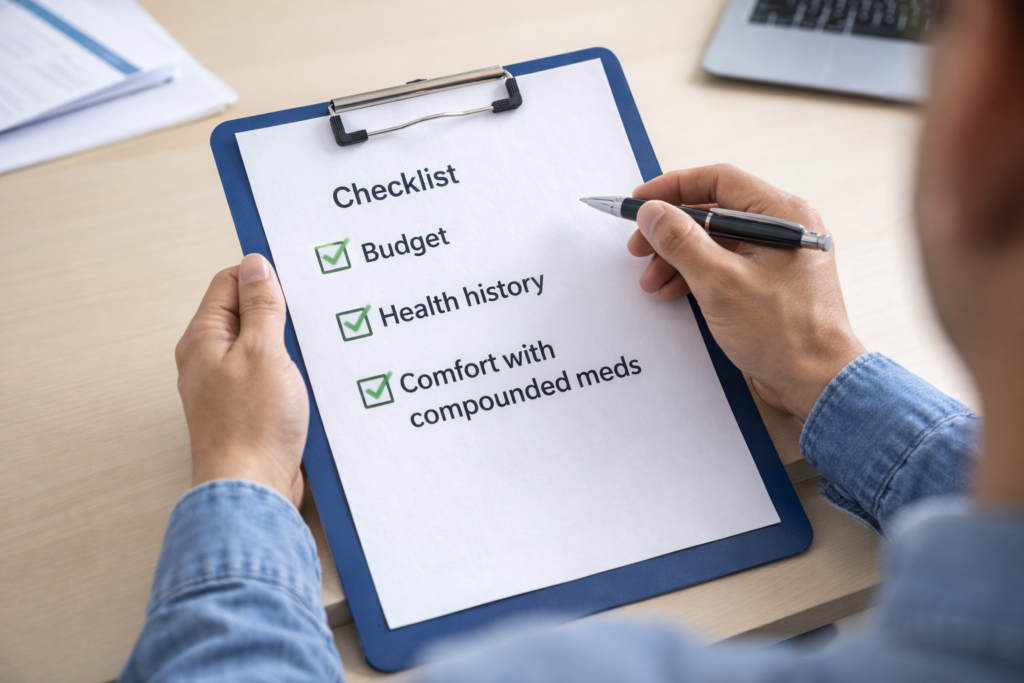 skinnyrx checklist that shows budget, health history and comfort with compounded meds