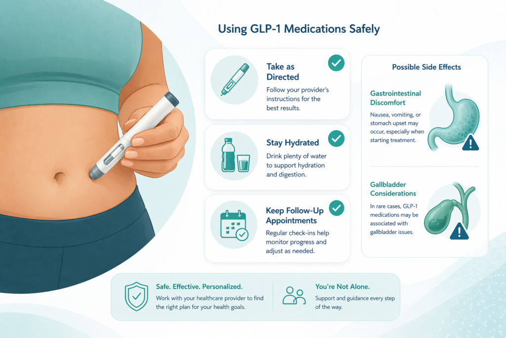 Which Is Better: Semaglutide or Tirzepatide for Weight Loss? Illustration of a person administering a GLP-1 injection into the abdomen using an unbranded pen, alongside icons showing safe use practices like proper dosing, hydration, and follow-up care, with visual indicators of possible gastrointestinal and gallbladder side effects in a clean teal medical infographic style.