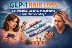 Illustration showing hair shedding associated with GLP-1 weight loss medications. A woman holding a hairbrush full of shed hair and a worried man examining hair in his hand flank three injection pens labeled Ozempic, Wegovy, and Zepbound, with a diagram of hair follicles shedding hair at the bottom.