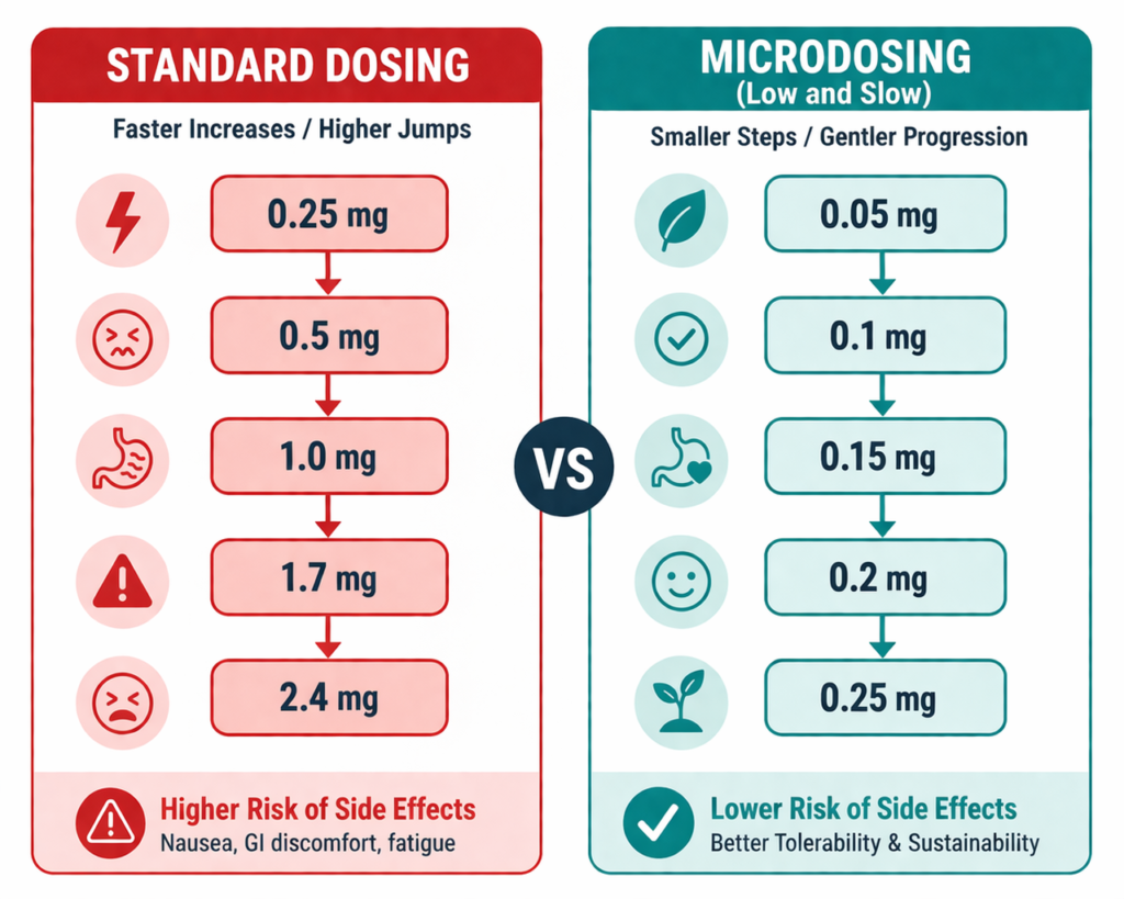 Side-by-side infographic comparing GLP-1 standard dosing with rapid increases (0.25 mg to 2.4 mg) versus microdosing with smaller gradual steps (0.05 mg to 0.25 mg), highlighting higher side effects on the standard side and improved tolerability with microdosing.
