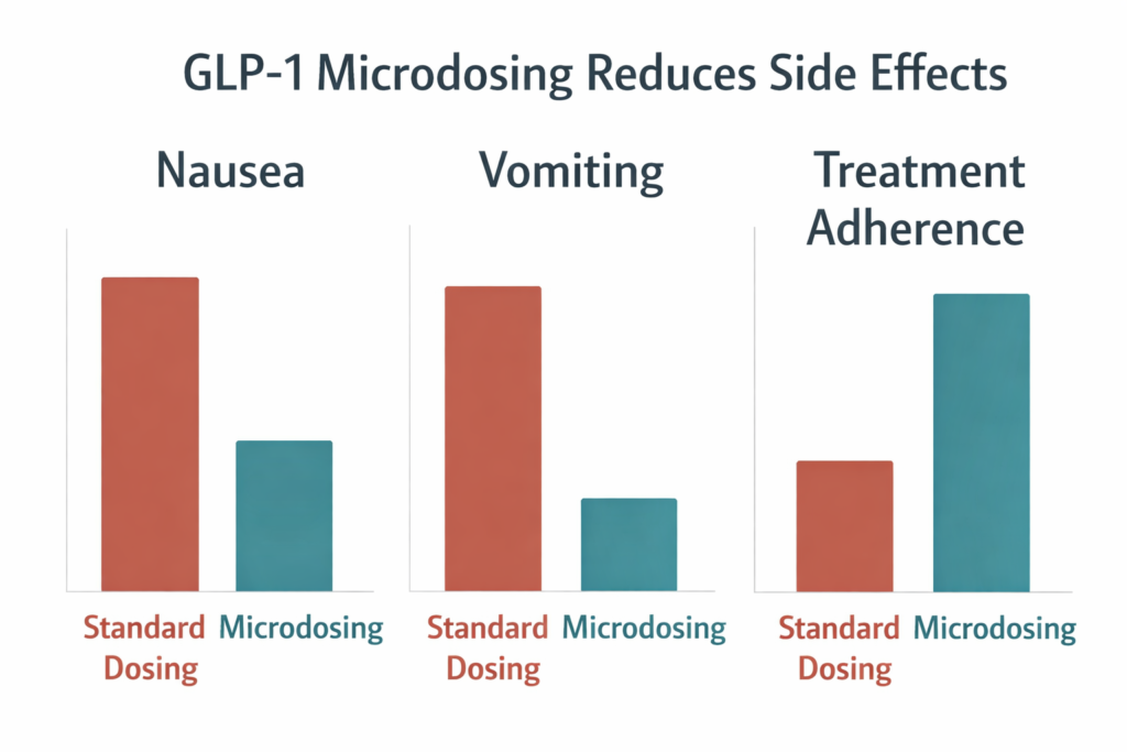 Minimalist bar chart infographic showing GLP-1 microdosing reduces side effects, with lower nausea and vomiting compared to standard dosing and higher treatment adherence in the microdosing group.