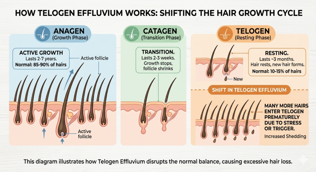 Gemini said
An educational diagram titled "How Telogen Effluvium Works: Shifting the Hair Growth Cycle" illustrating the three phases of hair growth and how they are disrupted.

Anagen (Growth Phase): Shown on the left in a blue panel. It depicts several deep, healthy hair follicles with long hair shafts. Text notes it lasts 2–7 years and typically accounts for 85–90% of hairs.

Catagen (Transition Phase): Shown in the middle in a green panel. It depicts follicles shrinking and the hair shaft detaching from the blood supply. Text notes it lasts 2–3 weeks.

Telogen (Resting Phase): Shown on the right in an orange panel.

The top section shows the Normal state: A hair resting while a new one forms beneath it (10–15% of hairs).

The bottom section illustrates the Shift in Telogen Effluvium: A much larger group of hairs are shown entering this phase prematurely, with text explaining that stress or triggers cause increased shedding.