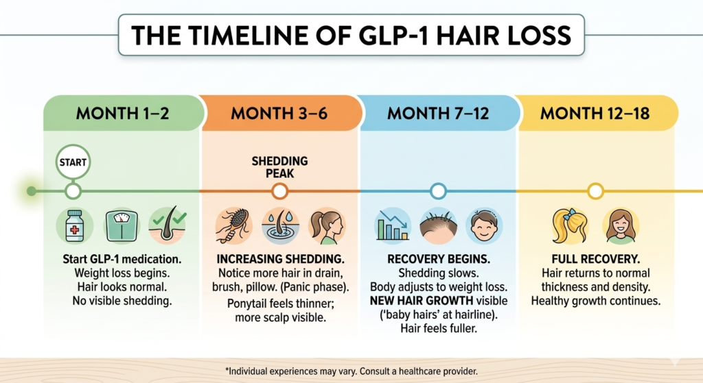 A horizontal timeline graphic titled "The Timeline of GLP-1 Hair Loss" divided into four distinct color-coded phases, explaining the progression from starting medication to full hair recovery.

Month 1–2 (Green Section): Titled "Start." Icons show a medication bottle, a weight scale, and a healthy hair follicle. Text explains that weight loss begins, but hair looks normal with no visible shedding.

Month 3–6 (Orange Section): Titled "Shedding Peak." Icons show hair in a brush, hair in a drain, and a woman with a thin ponytail. Text describes increasing shedding and the "panic phase" where the ponytail feels thinner and more scalp is visible.

Month 7–12 (Blue Section): Titled "Recovery Begins." Icons show a declining graph, "baby hairs" at the hairline, and a smiling person. Text notes that shedding slows as the body adjusts to weight loss and new hair growth becomes visible.

Month 12–18 (Yellow Section): Titled "Full Recovery." Icons show a person with thick, healthy hair. Text states that hair returns to its normal thickness and density.

A footer at the bottom includes a disclaimer: "Individual experiences may vary. Consult a healthcare provider."
