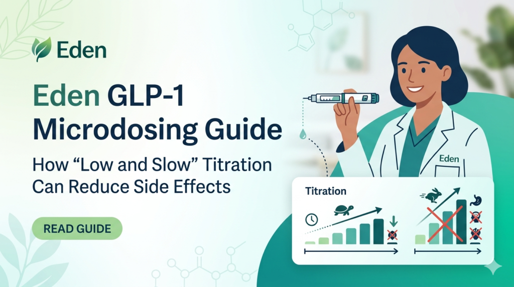 An educational hero image for the "Eden GLP-1 Microdosing Guide." On the left, the title and subtitle explain how "low and slow" titration reduces side effects. On the right, a female clinician in a white coat holds a GLP-1 injector pen. Below her is a comparative chart: one side shows a "slow turtle" approach with a gradual upward arrow and a "no side effects" icon, while the other shows a "fast rabbit" approach with a steep arrow and crossed-out icons representing nausea and stomach upset. The design uses a clean, professional white and teal color palette with a "Read Guide" button.