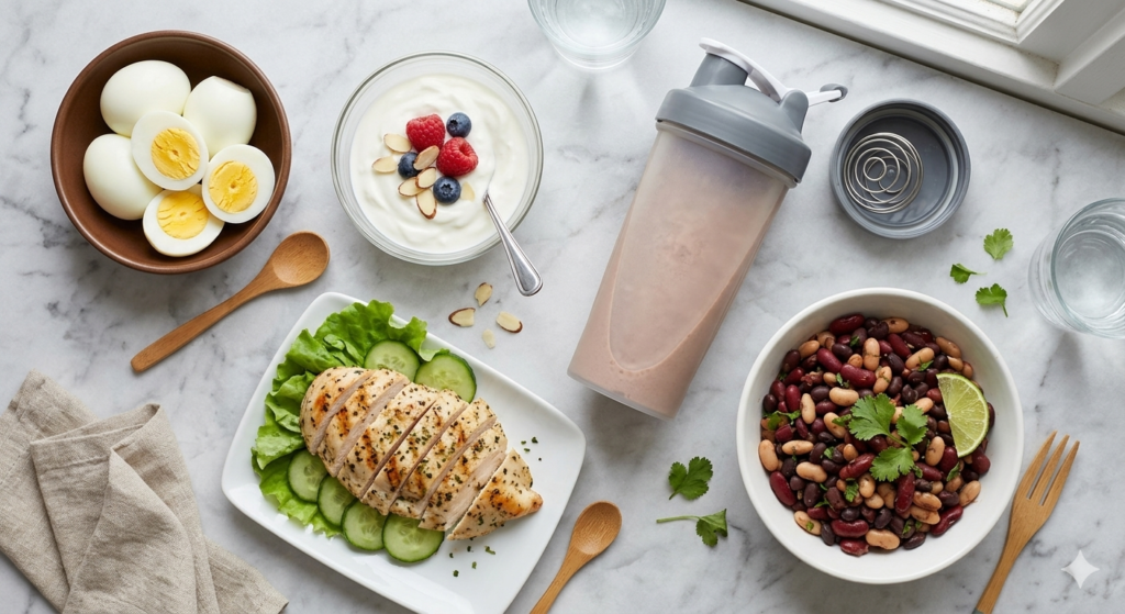 Selection of high-protein foods recommended to support hair health during GLP-1 treatment.