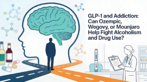 Illustrated hero image showing a person standing at a crossroads inside a stylized brain, with one path fading toward alcohol bottles and pills and the other leading to a bright clinic scene featuring a GLP-1 injection pen on a clipboard and a supportive healthcare professional, in a minimal blue and teal color palette symbolizing GLP-1 medications helping treat addiction