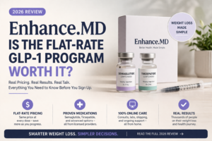 Enhance.MD 2026 review hero image showing semaglutide and tirzepatide vials, syringe, and flat-rate GLP-1 program overview with pricing and online care features.