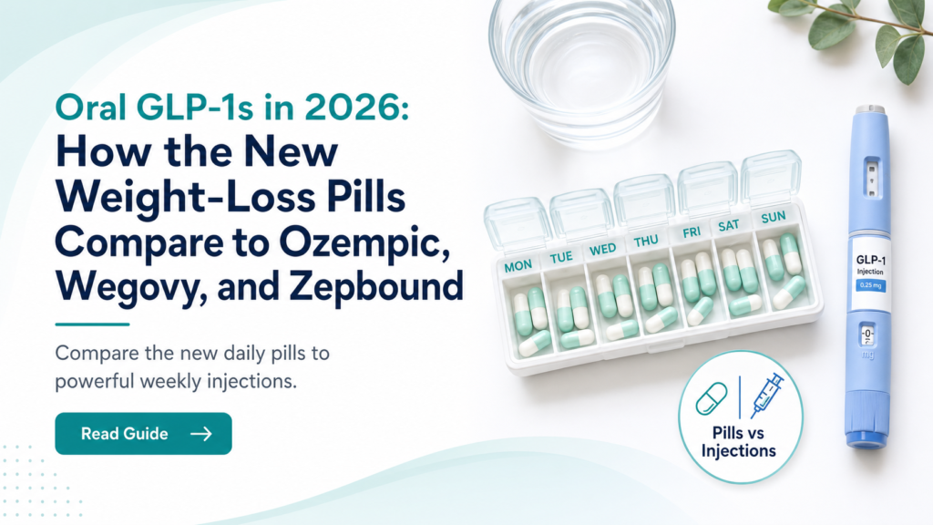 Oral GLP-1s in 2026: How the New Weight-Loss Pills Compare to Ozempic, Wegovy, and Zepbound Oral GLP-1s in 2026: How the New Weight-Loss Pills Compare to Ozempic, Wegovy, and Zepbound,” a short subheading about comparing new daily pills to weekly injections, and a subtle “Read Guide” button in teal, matching The GLP-1 Guide’s calm, clinical homepage style