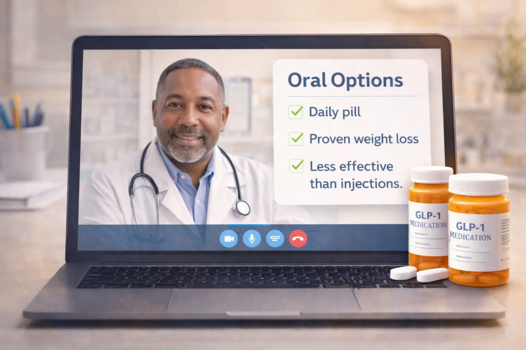 Oral GLP-1s in 2026: How the New Weight-Loss Pills Compare to Ozempic, Wegovy, and Zepbound Telehealth doctor consultation displayed on laptop screen beside GLP-1 pill bottles and checklist of oral weight loss medication options.