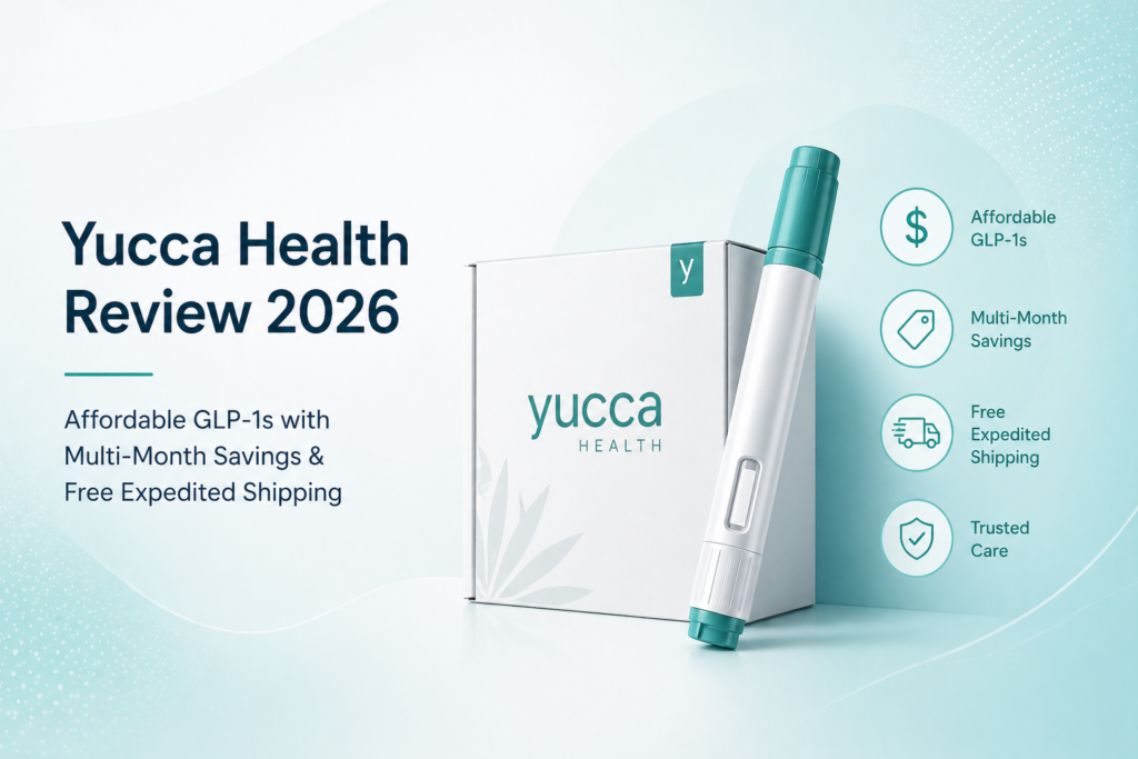 Yucca Health Review 2026: Affordable GLP-1 with Multi-Month Savings + Free Expedited Shipping Yucca Health review showing an injection pen and product box with icons highlighting affordable GLP-1 medications, multi-month savings, free expedited shipping, and trusted care on a teal medical-style background.