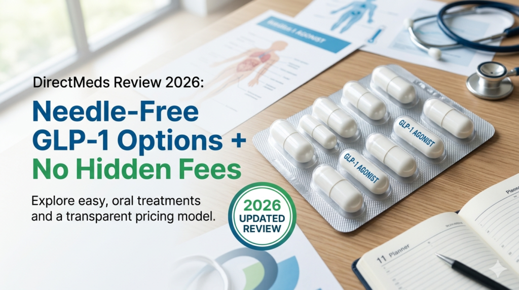"A professional medical review graphic for DirectMeds 2026 featuring a blister pack of oral GLP-1 capsules on a clean clinic desk. The image includes a stethoscope, a medical planner, and bold text that reads 'Needle-Free GLP-1 Options + No Hidden Fees' with a '2026 Updated Review' badge."