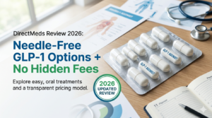 "A professional medical review graphic for DirectMeds 2026 featuring a blister pack of oral GLP-1 capsules on a clean clinic desk. The image includes a stethoscope, a medical planner, and bold text that reads 'Needle-Free GLP-1 Options + No Hidden Fees' with a '2026 Updated Review' badge."