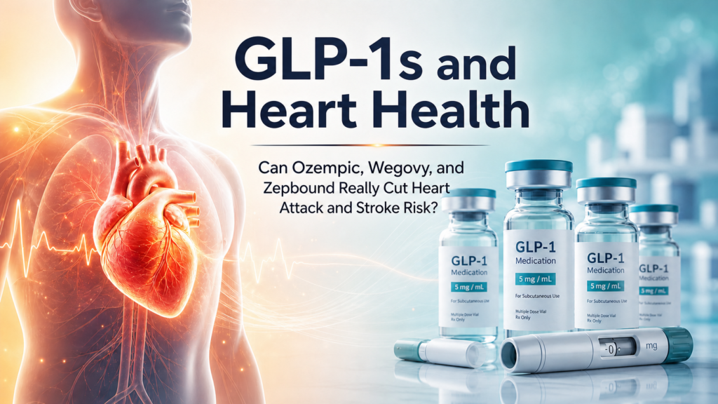 GLP-1s and Heart Health: Can Ozempic, Wegovy, and Zepbound Really Cut Heart Attack and Stroke Risk? “Split-screen hero image showing a glowing healthy heart and GLP-1 medication vials beside the article title about heart health.” (see the generated image above)