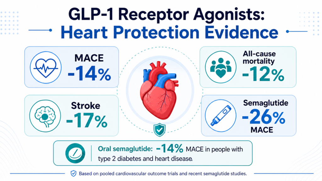 GLP-1s and Heart Health: Can Ozempic, Wegovy, and Zepbound Really Cut Heart Attack and Stroke Risk? Infographic showing GLP-1 drugs lowering MACE, mortality, stroke, and highlighting semaglutide heart benefits