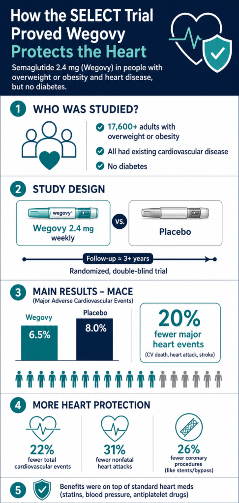 GLP-1s and Heart Health: Can Ozempic, Wegovy, and Zepbound Really Cut Heart Attack and Stroke Risk? select trial semaglutide cardiovascular outcomes diagramDiagram summarizing SELECT trial showing semaglutide reducing major cardiovascular events versus placebo in people with obesity and heart disease