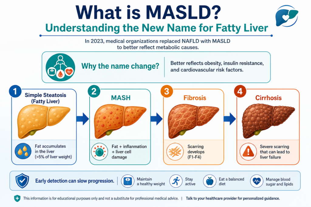 Diagram showing progression from healthy liver to fatty liver, MASH, fibrosis, and cirrhosis in MASLD