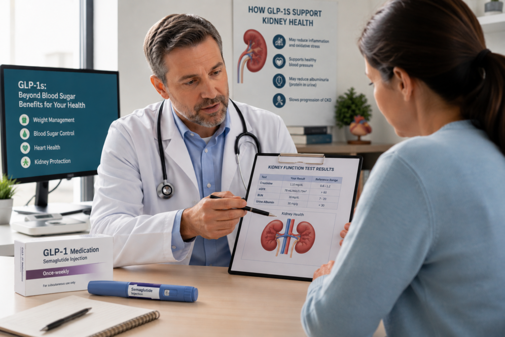 Doctor reviewing kidney function test results with a patient during a GLP-1 medication consultation, with kidney health charts and a GLP-1 injection pen in a modern medical office.
