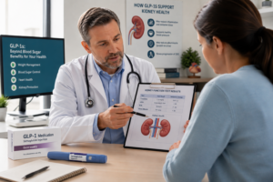 Doctor reviewing kidney function test results with a patient during a GLP-1 medication consultation, with kidney health charts and a GLP-1 injection pen in a modern medical office.