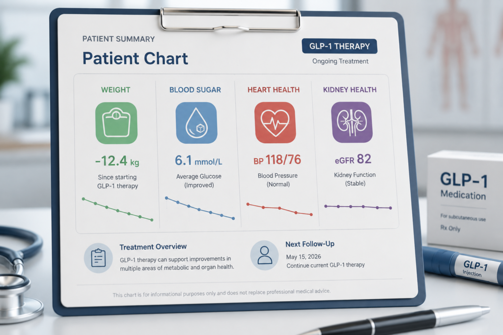 GLP-1s and Kidney Protection in 2026: What Ozempic, Wegovy, and Zepbound Mean for CKD Risk Patient chart illustrating the effects of GLP-1 therapy on weight loss, blood sugar control, heart health, and kidney function using simple medical icons and progress indicators.