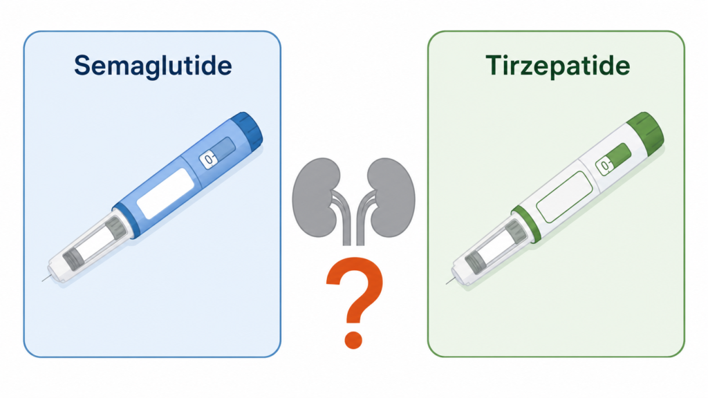 GLP-1s and Kidney Protection in 2026: What Ozempic, Wegovy, and Zepbound Mean for CKD Risk Side-by-side panels labeled Semaglutide and Tirzepatide with a kidney icon and question mark indicating uncertainty about kidney effects. (see the generated image above)